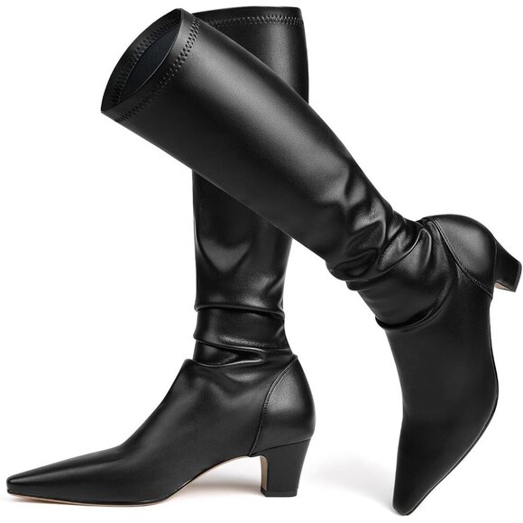 Shoes - Women's Knee High Black-h Boots Pointed Toe Stretchy Block Heel Pull On Style
